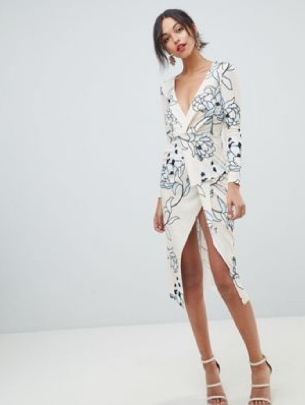 NWT ASOS Open Back Cream Wrap Midi Dress with Blue Floral Print 0 XS